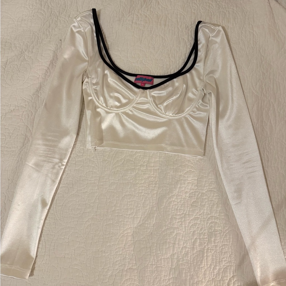 White Satin Long Sleeve Crop Top